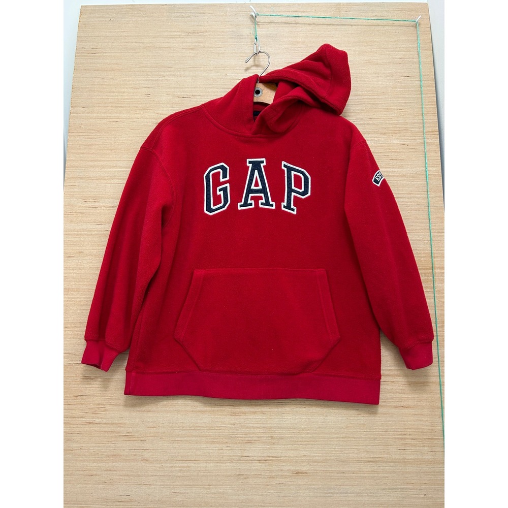 GAP Kids Red Fleece Hoodie Pullover Arch Logo Est 1969 Patch Large 10